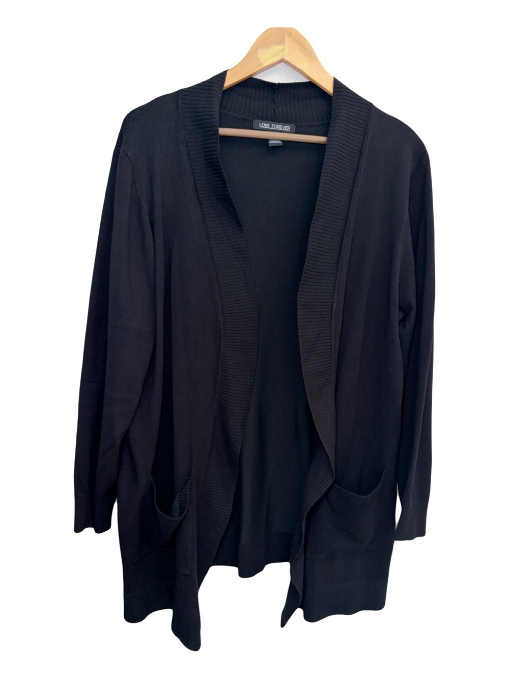 Love Forever Black Open Front Ribbed Trim Cardigan Sweater Sz 2X Lightweight